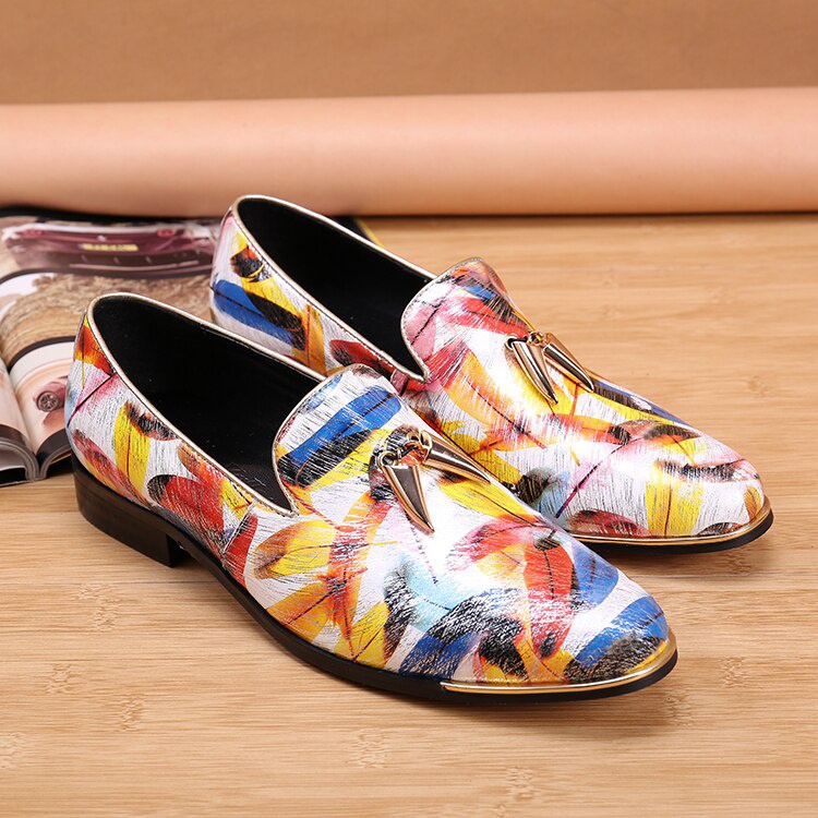 British Style Printing Men Leather Loafers Slip On Leather Shoes Men Flats Shoes
