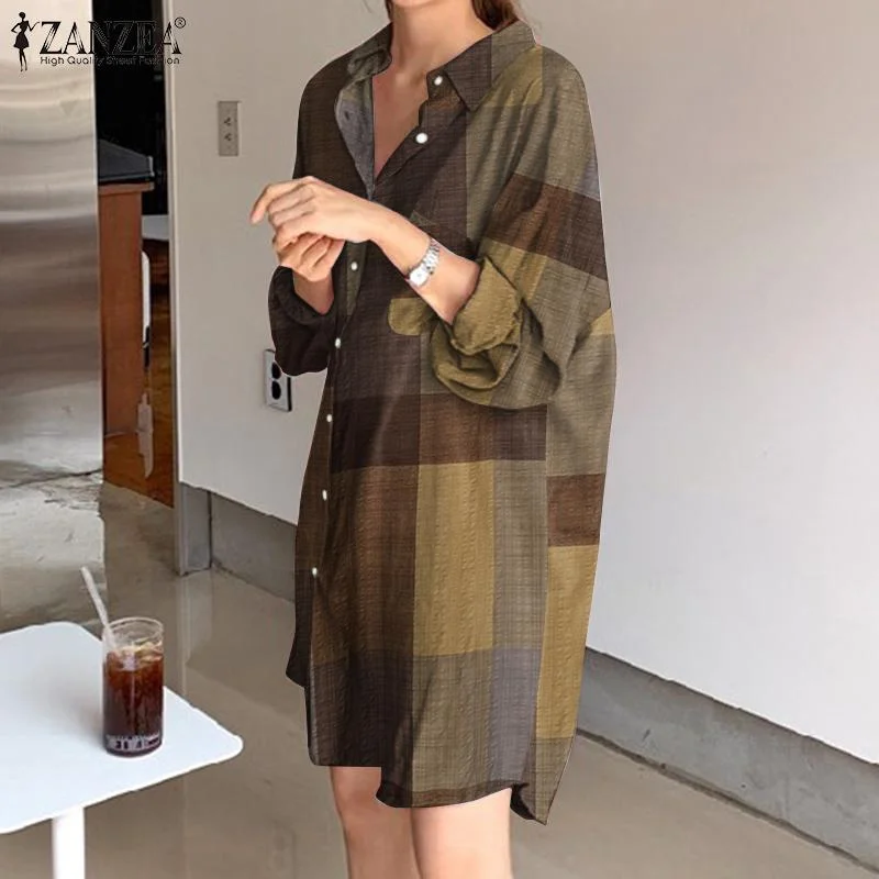 Checked Shirt Dress Long Sleeve Plaid Mini Vestidos Women Summer Sundress ZANZEA 2022 Kaftan Female Casual Floral Robe