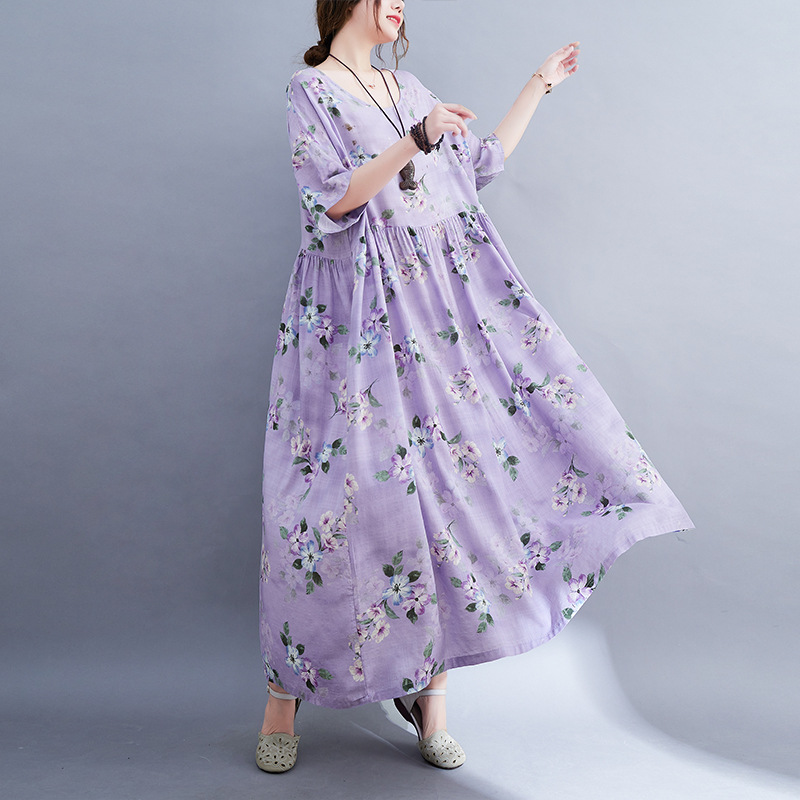 Loose Print Short Sleeve Midi Dress