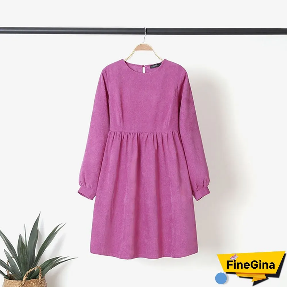 Women Corduroy Long Sleeve A Line Dress Plus Size Mini Tunic Dress