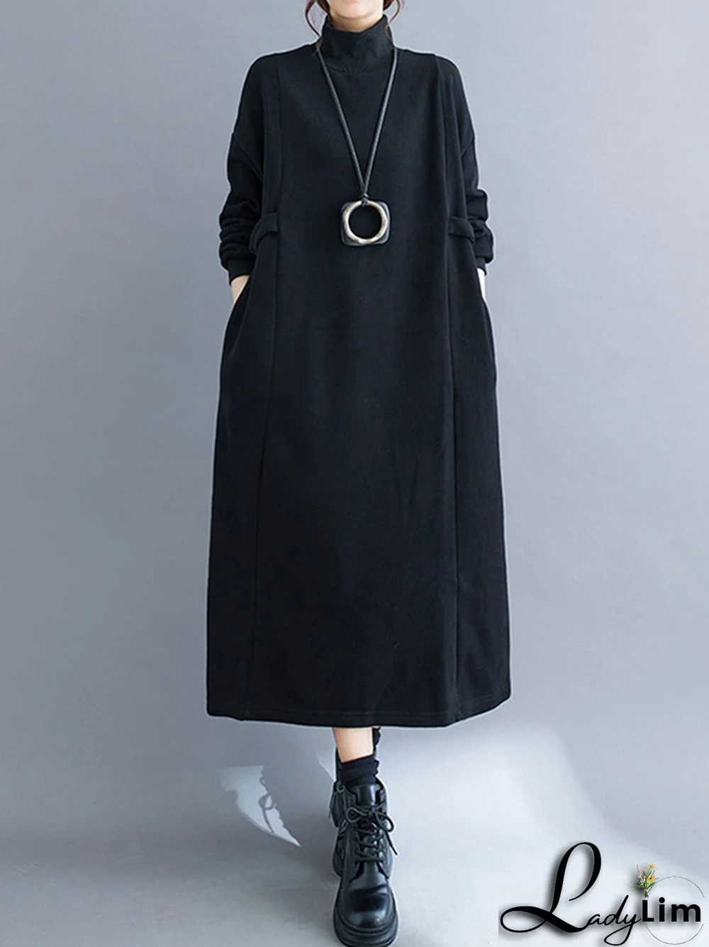 A-Line Long Sleeves Solid Color Mock Neck Midi Dresses