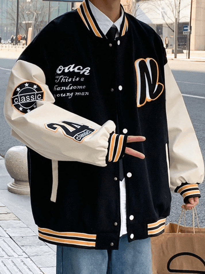 Brownm Men's Embroidery Button-Up Varsity Jacket