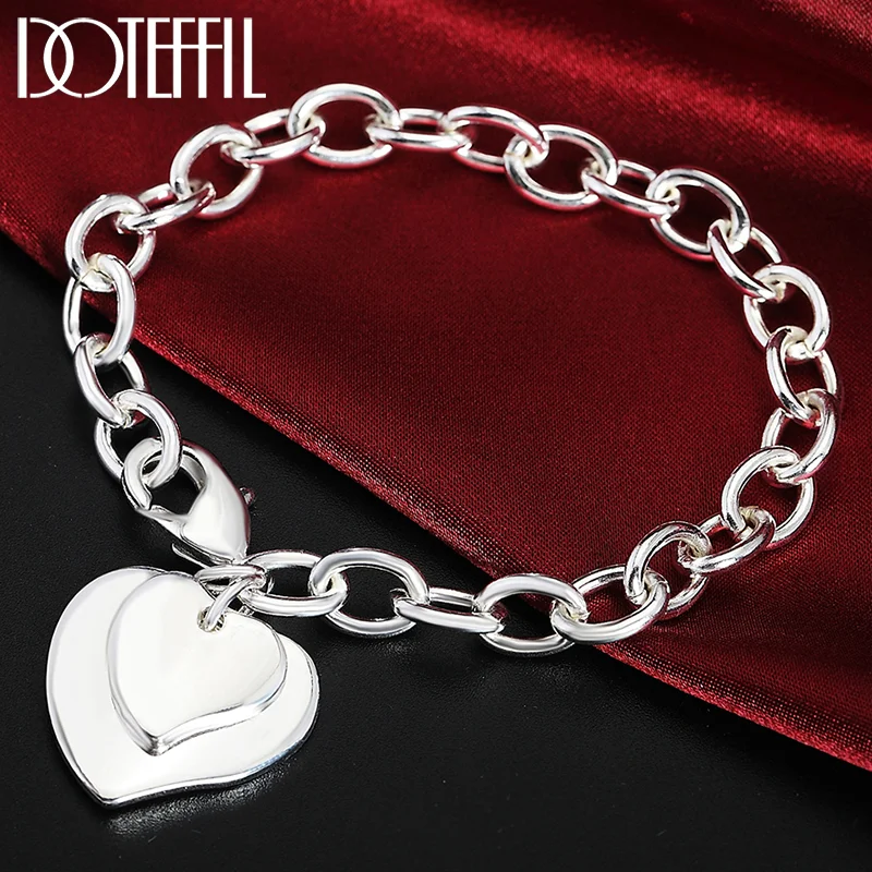 DOTEFFIL 925 Sterling Silver Double Heart Chain Bracelet For Women Jewelry