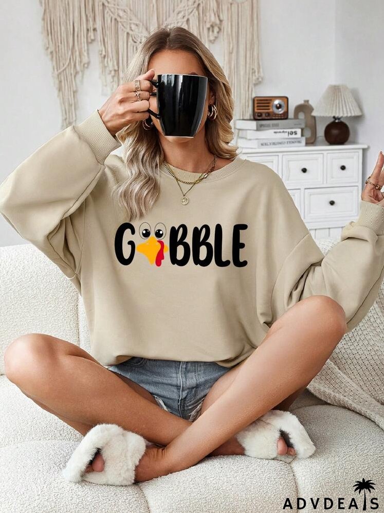 Casual Minimalist Thanksgiving Turkey Graphic Round Neck Loose Thick Sweatshirt, Plus Size