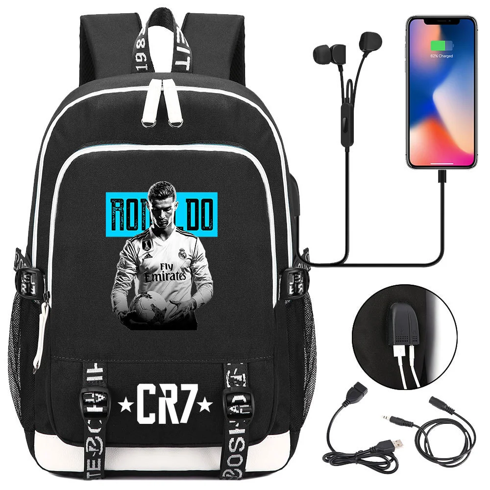 Buzzdaisy Cristiano Ronaldo Printed Backpack with USB Charging Port and Laptop Protection - Multi-Pocket Large Capacity Schoolbag