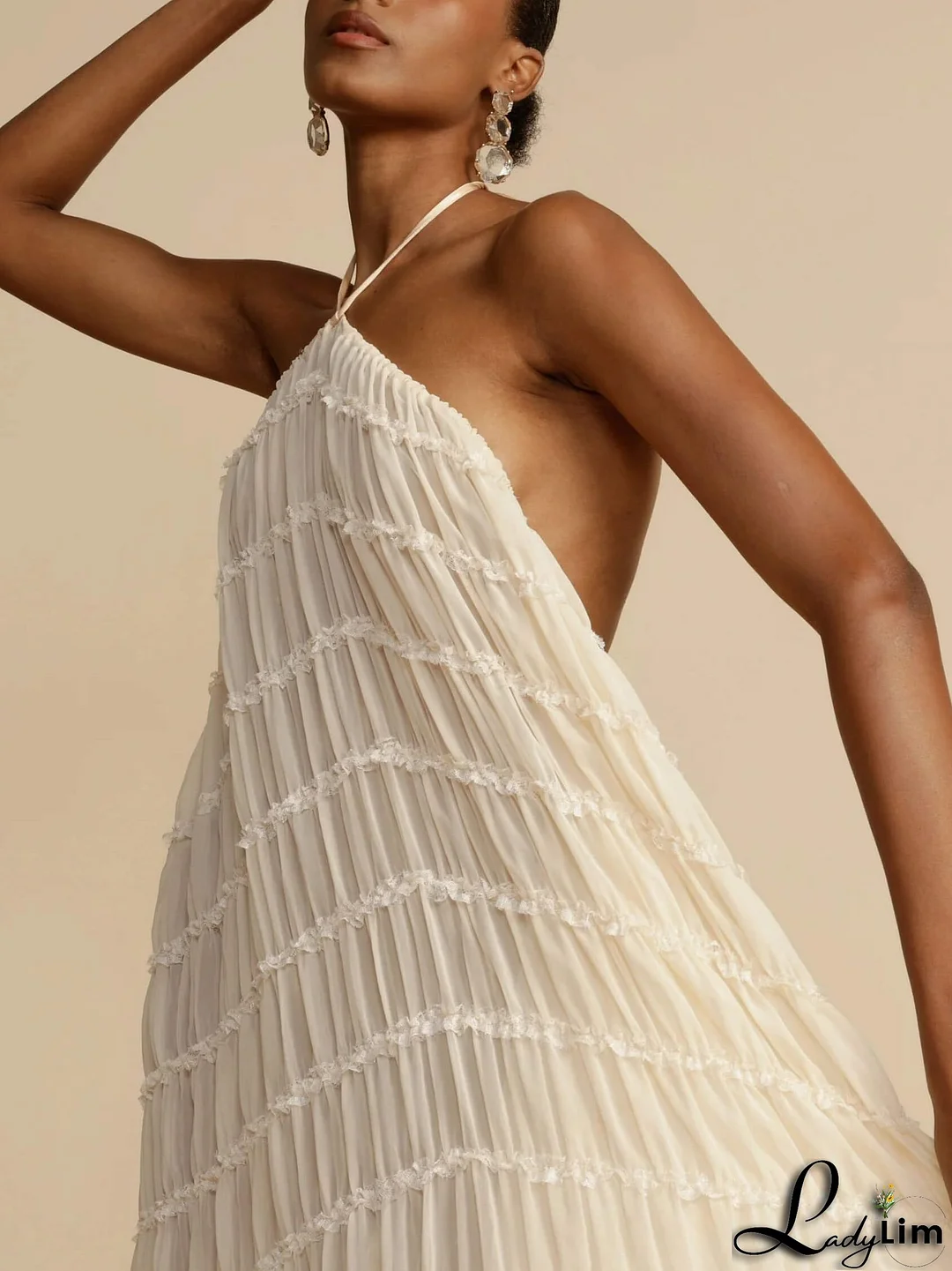 Charming Pleated Drawstring Waist Tiered Halterneck Midi Dress