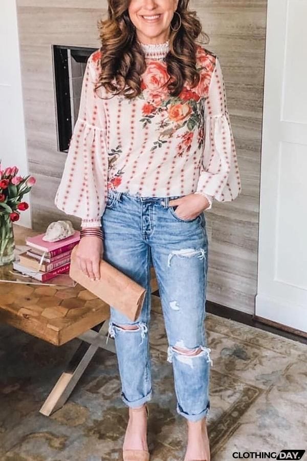 Floral Ruffle Trim Top