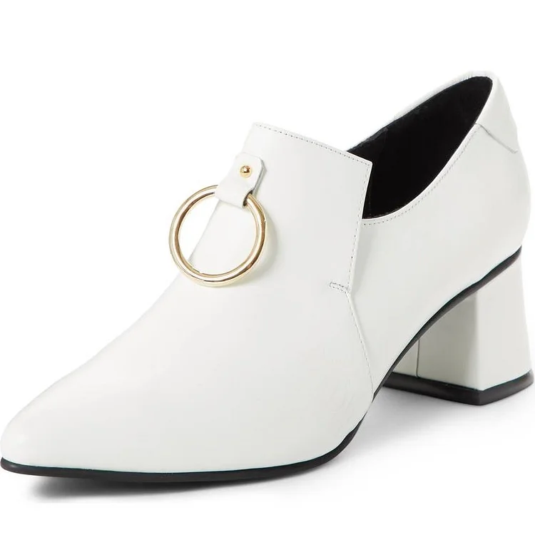 White Almond Toe Block Heels Loafers for Women |FSJ Shoes