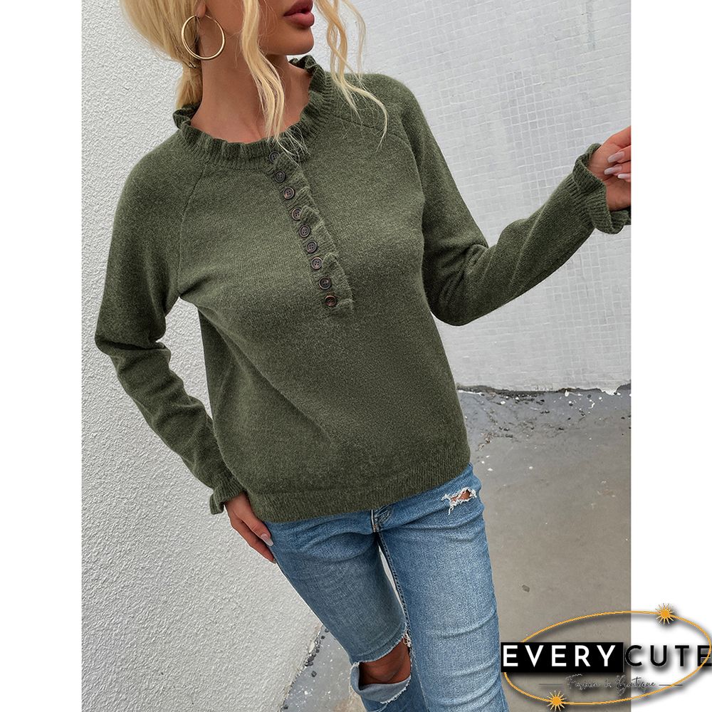 Green Ruffle Detail Crew Neck Long Sleeve Knitted Sweater