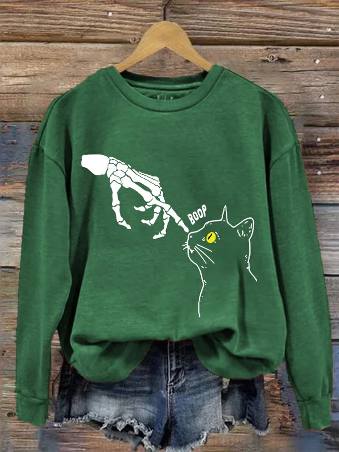 Women's Halloween Boop Skeleton Black Cat Sweatshirt
