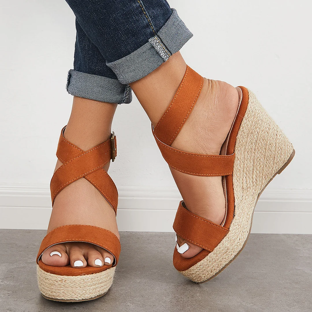 Criss-Cross Ankle Strap Espadrille Wedge Platform Sandals