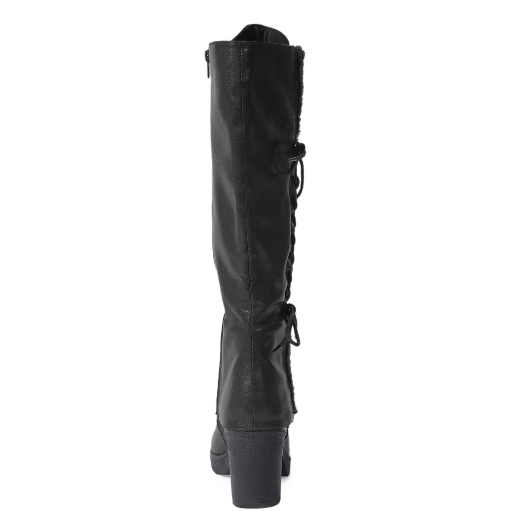 Black Vegan Leather Round Toe Knee High Heel Boots for Elegant Ladies