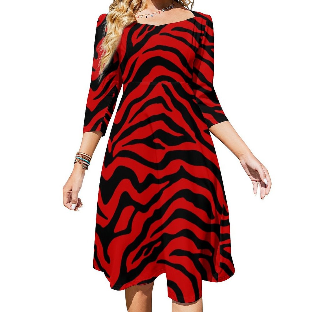 Black And Red Zebra Striped Print Dress Sweetheart Tie Back Flared 3/4 Sleeve Midi Dresses