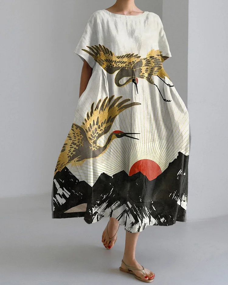 Mountain Flying Crane Short Sleeve Midi Dress
