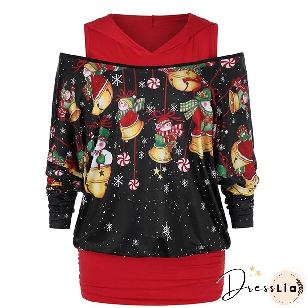 Womens Christmas Top Fashion Long Sleeve Snowman Snowflake Printed Pattern Hooded Pullover