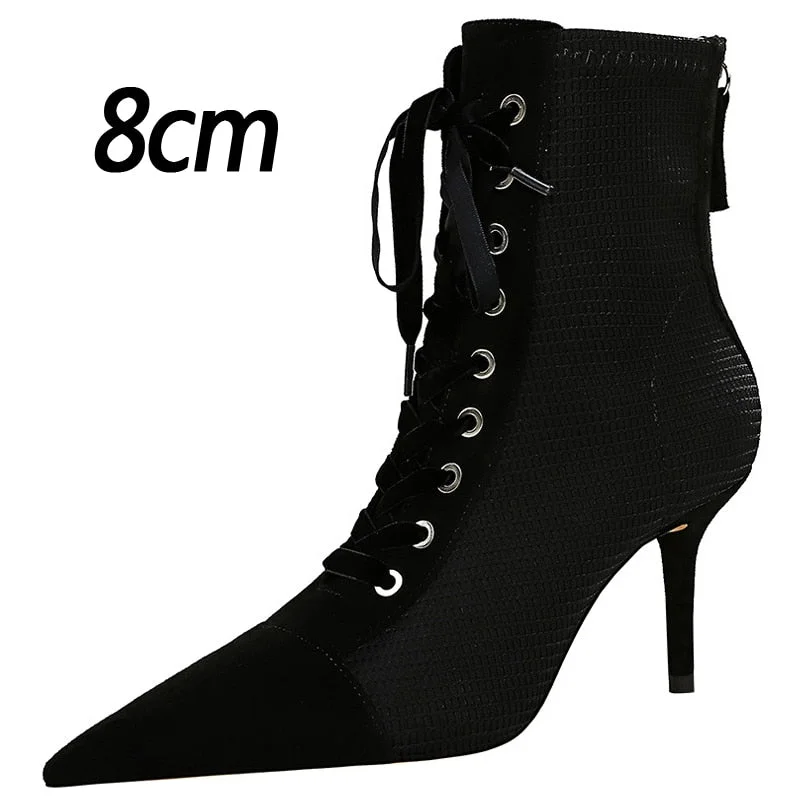 BIGTREE 2022 Winter Ankle Women Boots Fashion Slim Heel High Heel Pointed Plaid Plaid Lace Up Fashion Cross Strapping Boots