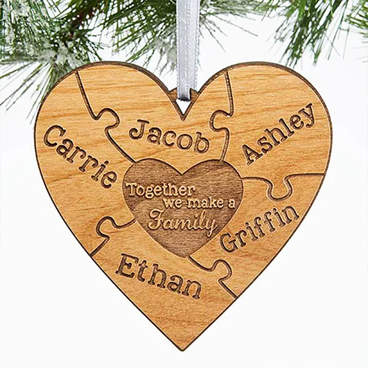 Heart Puzzle Ornament Personalized 5 Names Wooden Family Ornament