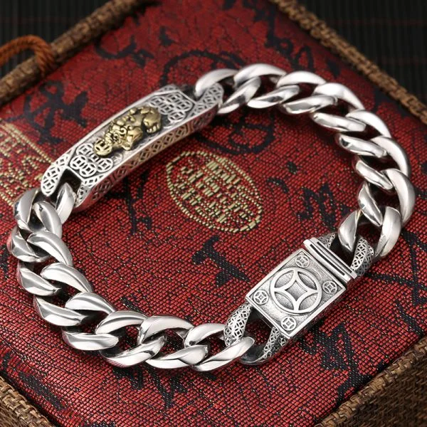 Sterling Silver Fortune Pixiu Curb Chain Bracelet