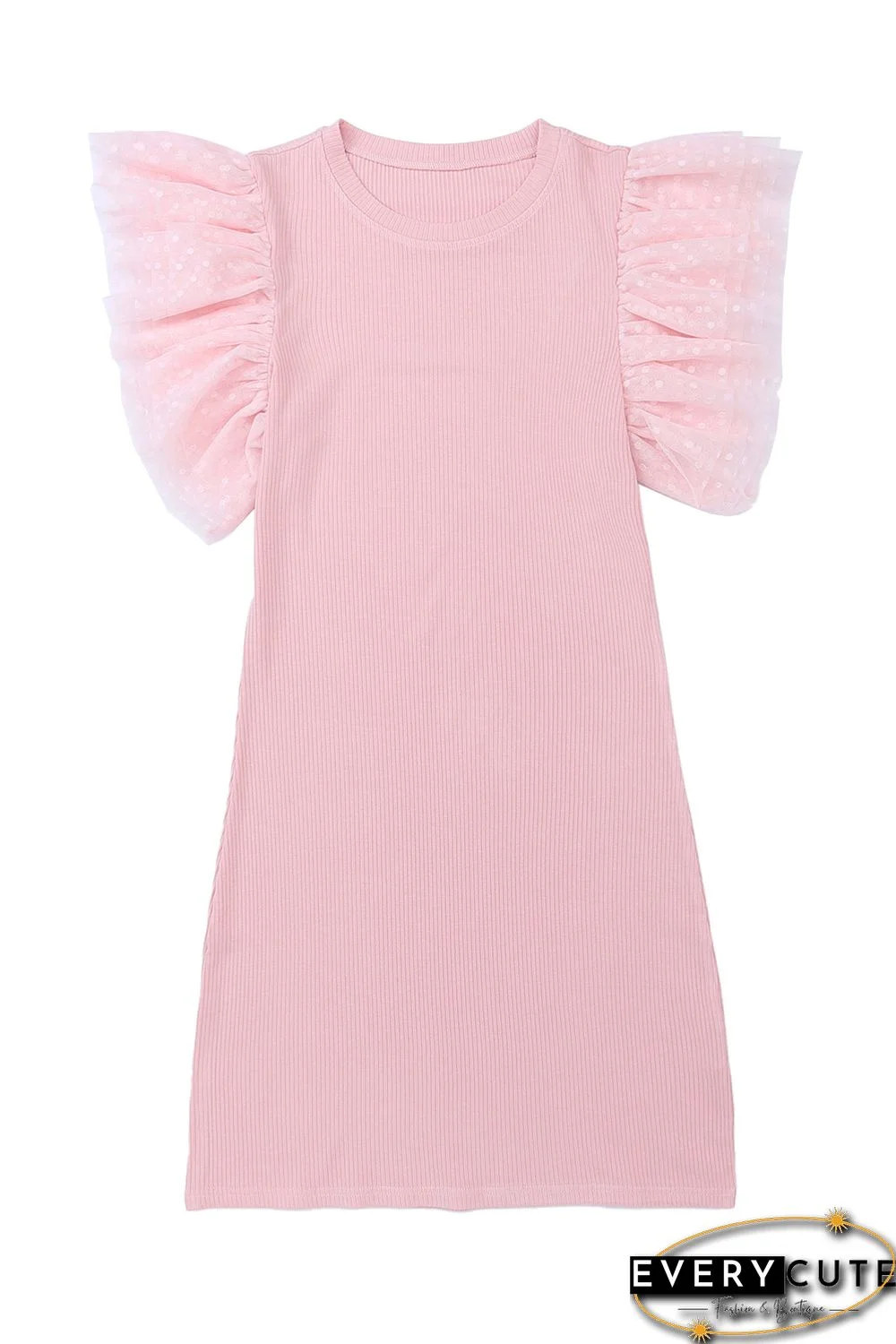 Pink Ruffle Tulle Sleeve Ribbed Knit Bodycon Dress