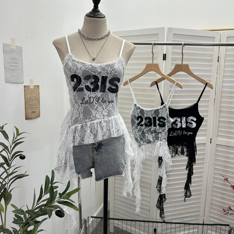 Uveng Real Shooting Lace Sling Vest Irregular Ribbon Hot Wear Print Short-Sleeved Top 1193