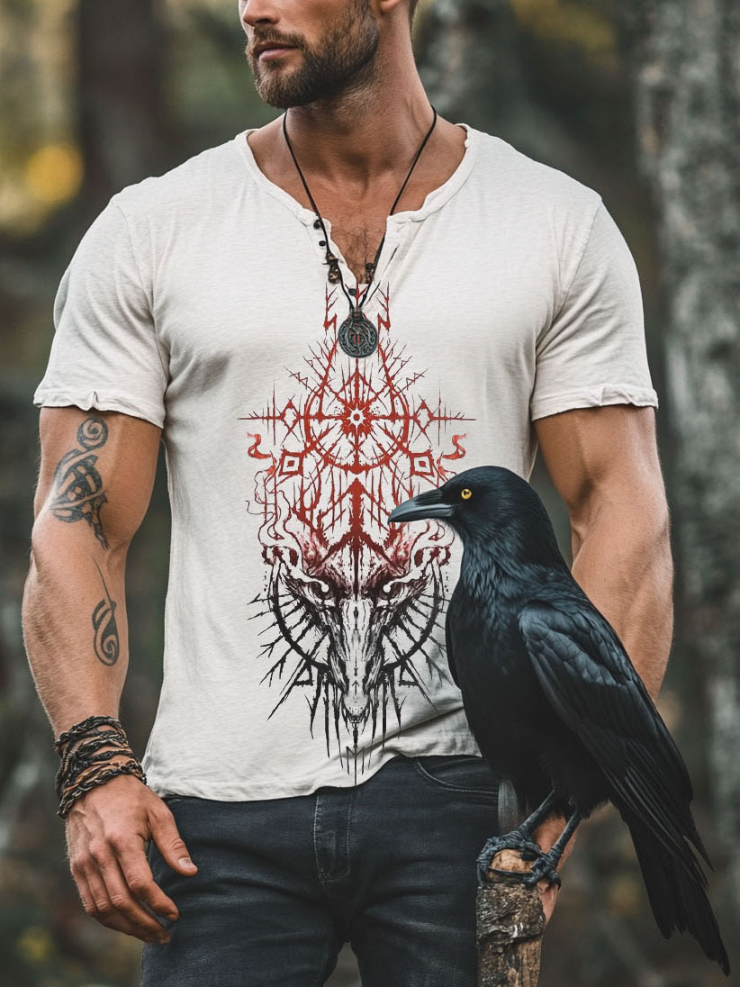 Viking men's black and red rune totem casual short sleeves / Rvogue / Rvogue