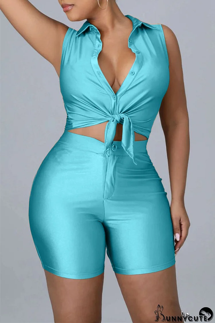 Blue Fashion Casual Solid Basic Turndown Collar Sleeveless Two Pieces