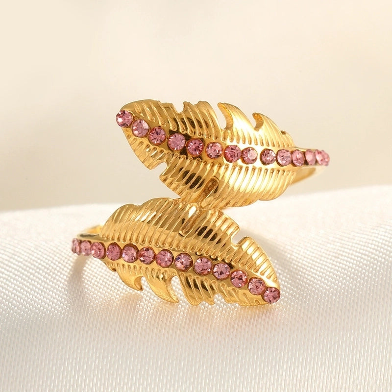 2 Pieces Modern Style Classic Style Geometric Leaf Heart Shape 304 Stainless Steel Zircon 18K Gold Plated Plating Open Rings