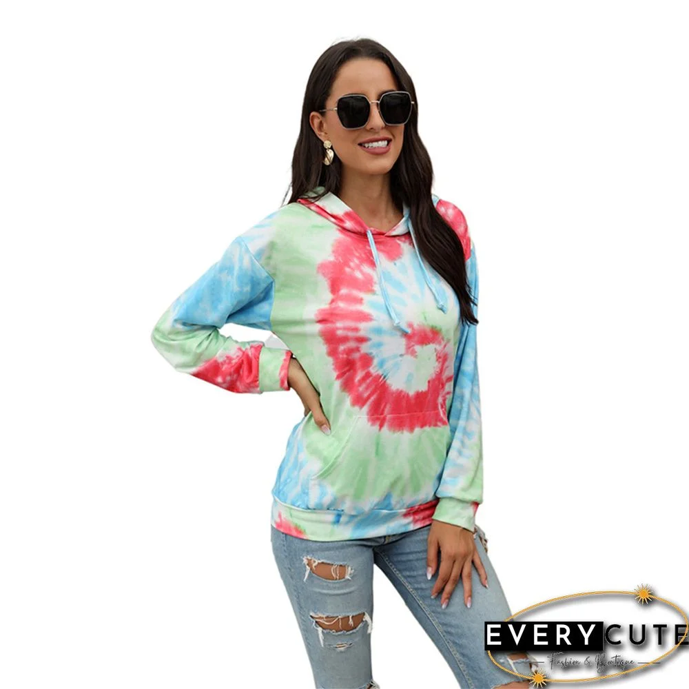 Red Tie Dye Print Long Sleeve Drawstring Hoodie