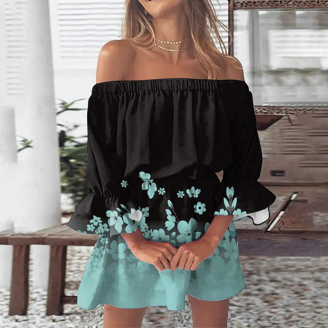 Summer Dresses For Women 2023 Beach  Off Shoulder Tunic Sundresses Casual Loose Fit Bell Sleeve Mini Floral Linen Wrap Dress