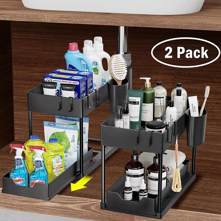 Homemart Under Sink Organizers and Storage, 2 Tier Bathroom Under Sink Organizer with Hooks, Hanging Cups, Multi-purpose Storage Drawers, Bathroom Organizers Under Kitchen Sink