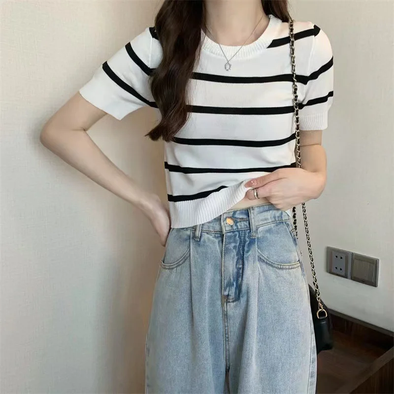 Uveng Uveng Striped Short-Sleeved Knitted Shirt 2024 Summer New Design Sense Small Loose Short Top In Tide