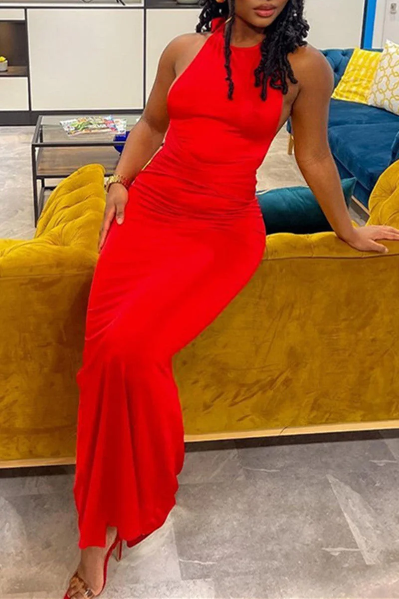 Fashion Sexy Solid Hollowed Out Backless Halter Sleeveless Dress
