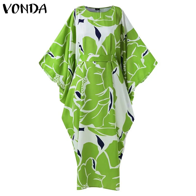 VONDA 2022 Summer Casual Round Neck Bat- Sleeve Dress Women Vintage Printed Vestidos With Belt Loose Elegant Sundress Longue