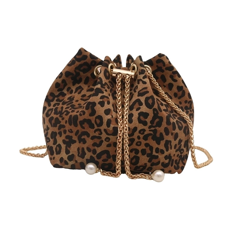 Women’s Cloth Leopard Basic Vintage Style Bucket String Shoulder Bag Crossbody Bag