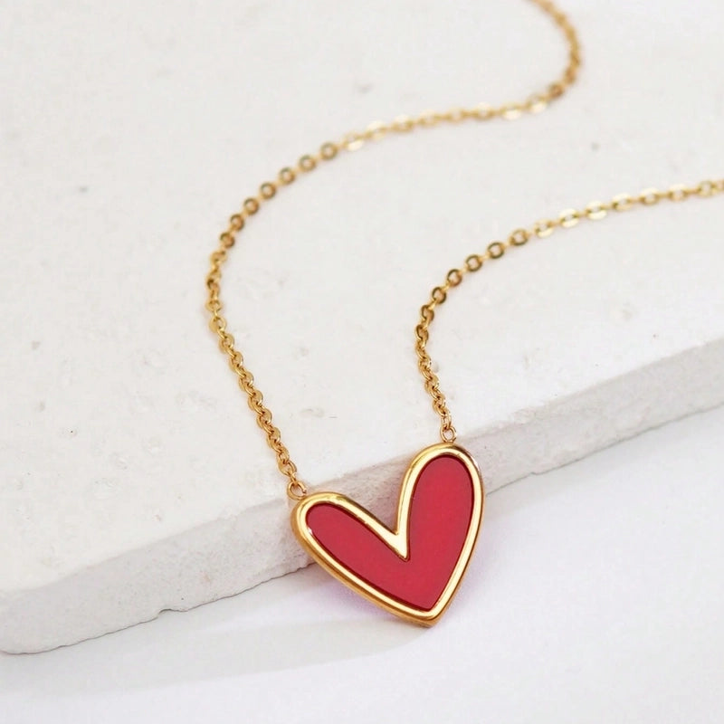 Cute Sweet Asymmetrical Heart Shape 304 Stainless Steel Acrylic 18K Gold Plated Inlay Pendant Necklace