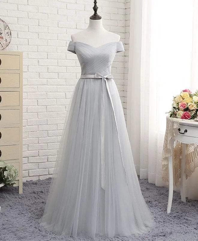 Gray A Line Tulle Off Shoulder Long Prom Dress, Cheap Evening Dress