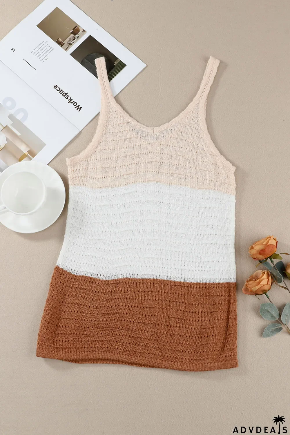 Khaki Striped Knit Color Block Tank Top