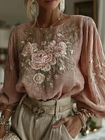 Women's Bohemian Floral Pattern Linen Crew Neck T-shirt