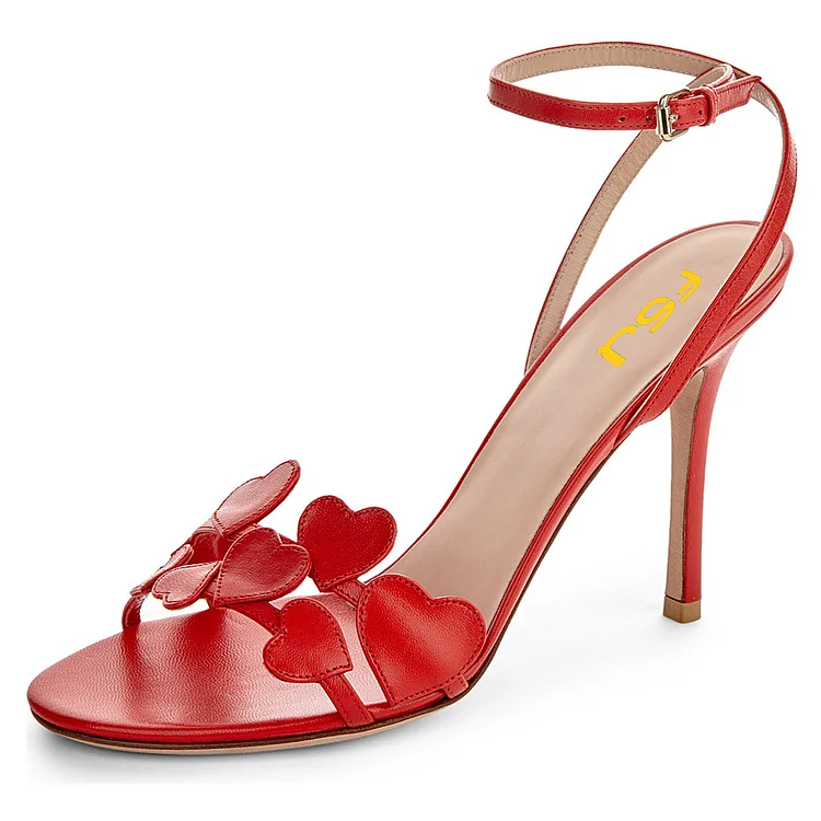 Red Heart Ankle Strap Sandals Stiletto Heels Slingback Sandals |FSJ Shoes