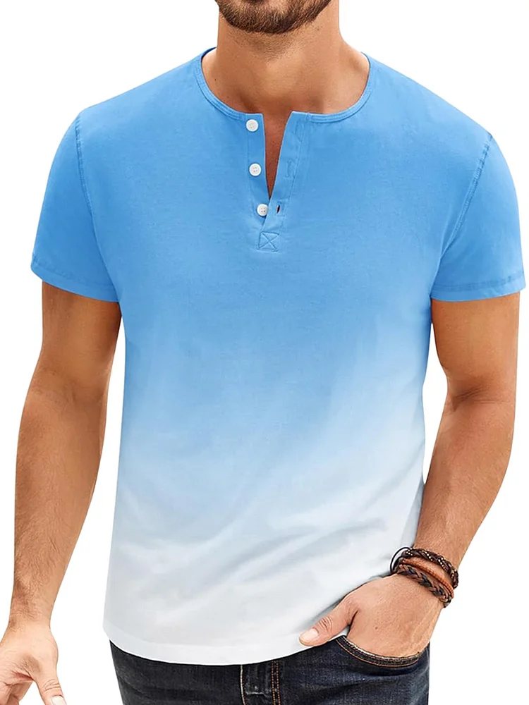 Men's Comfortable Gradient Button Short Sleeve Henley T-Shirt