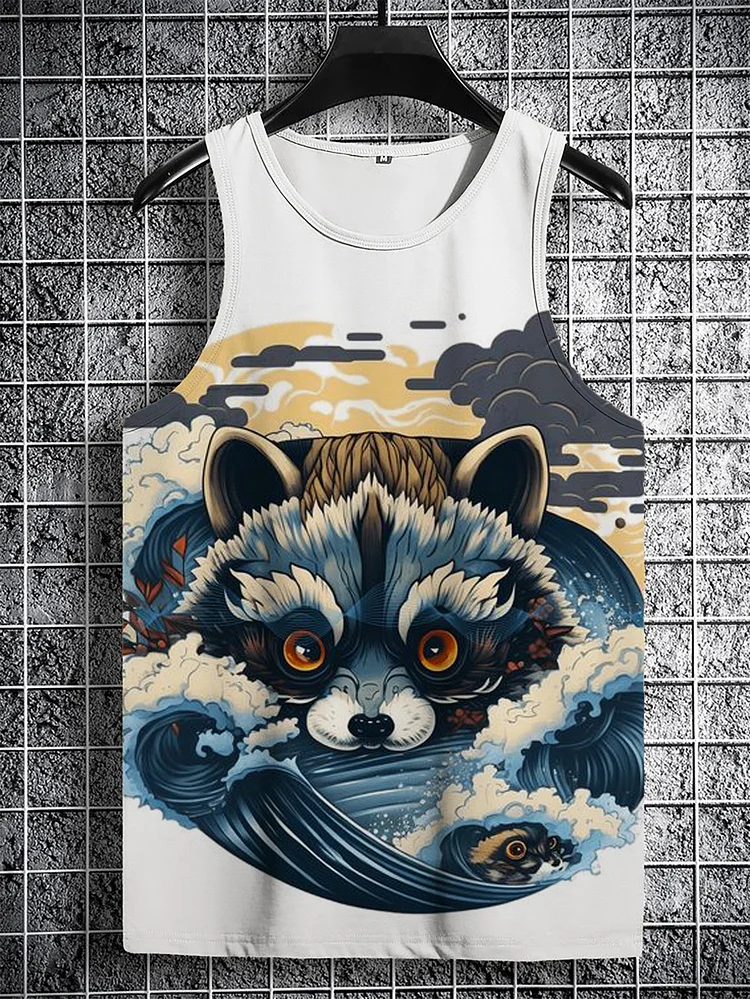 Men's Japanese Wave Raccoon Art Painting Print Casual Tank Top