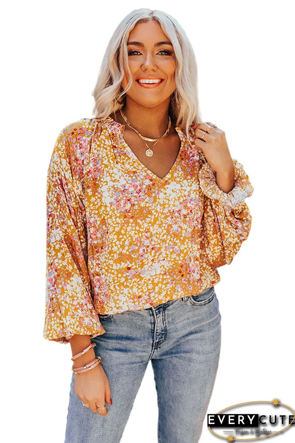 Yellow Split V Neck Floral Blouse