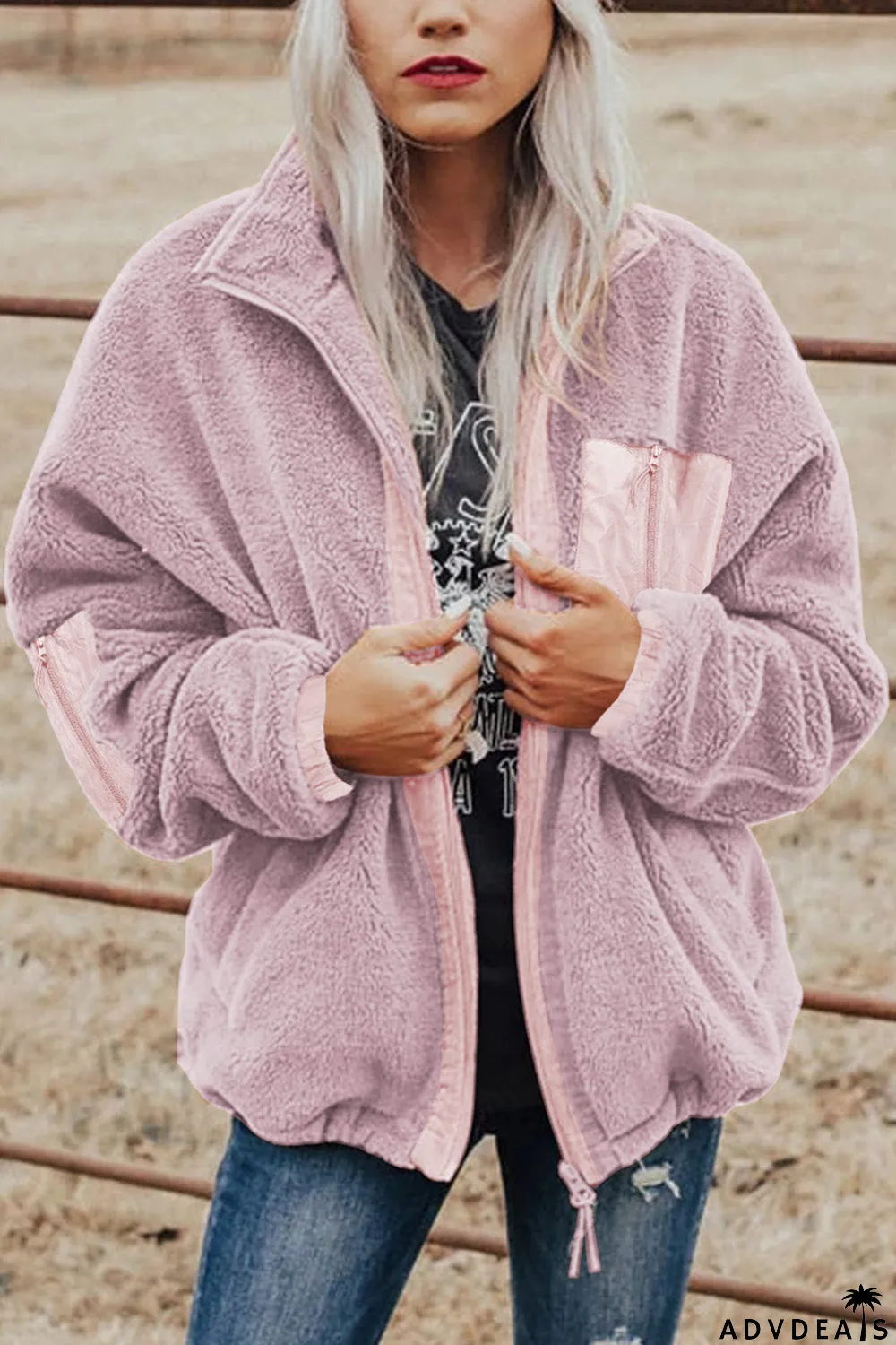 Zip Up Sherpa Coat With Pocket
