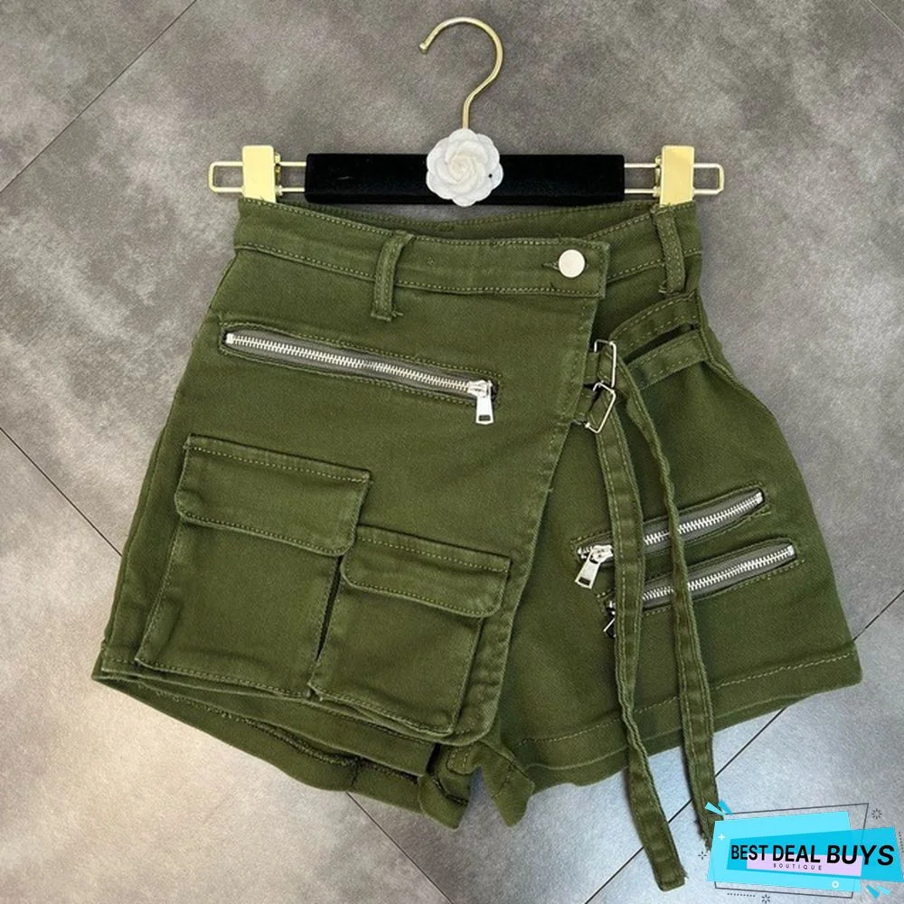 Trendy Cropped Multi Pocket Cargo Shorts Slim Waist Slim Fit Summer Loose Denim Shorts