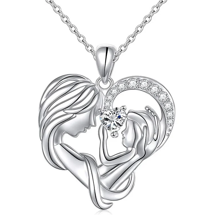 S925 Silver Mother Hold Child Necklace Heart Pendant Necklace for Her