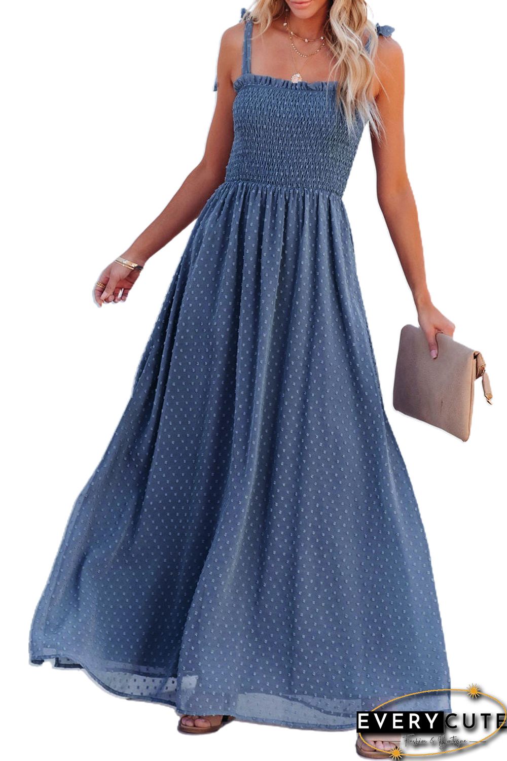 Sky Blue Smocked Swiss Dot Maxi Dress