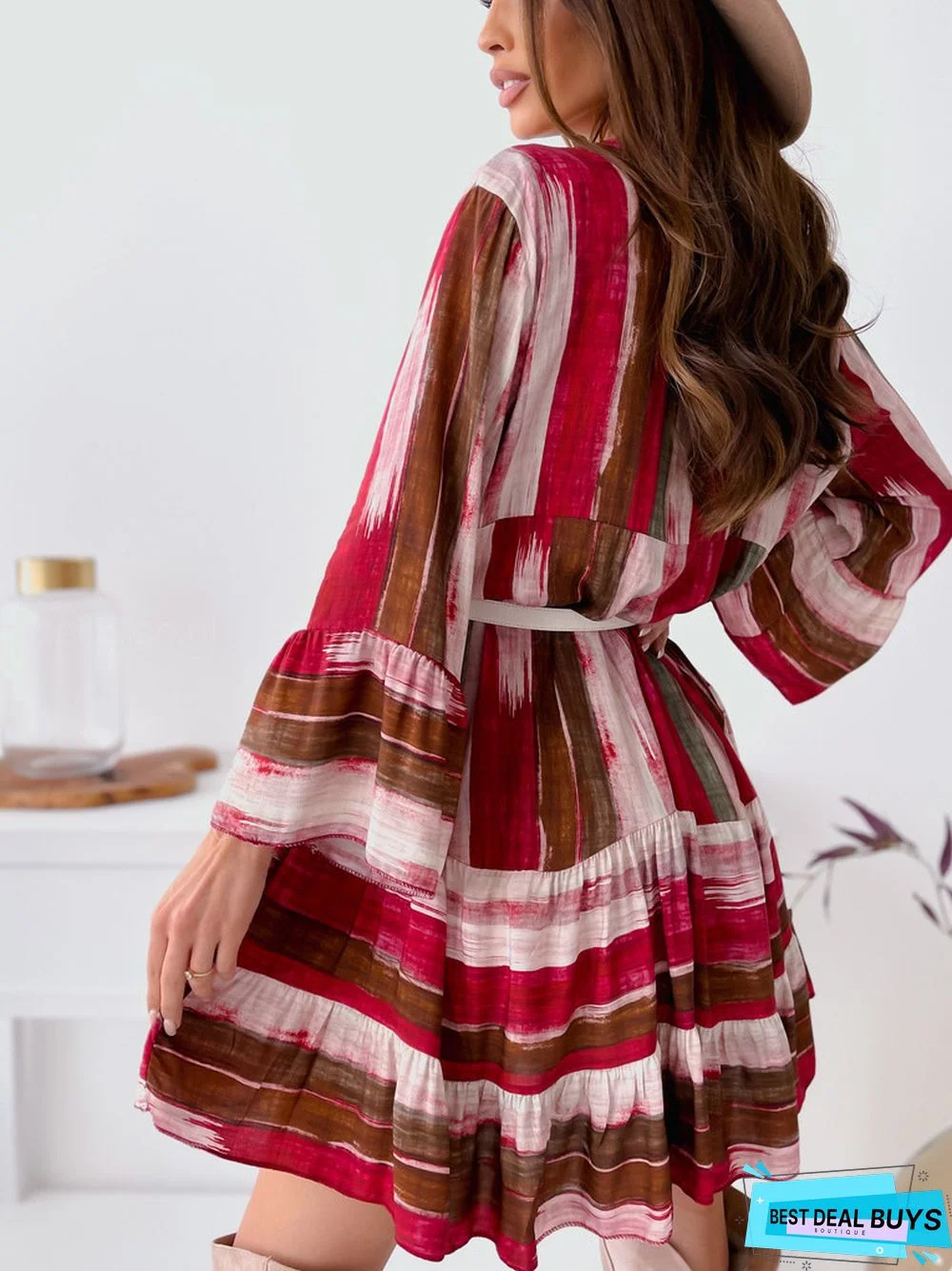 Fashion Tie Dyed V Neck Long Sleeve Dress
