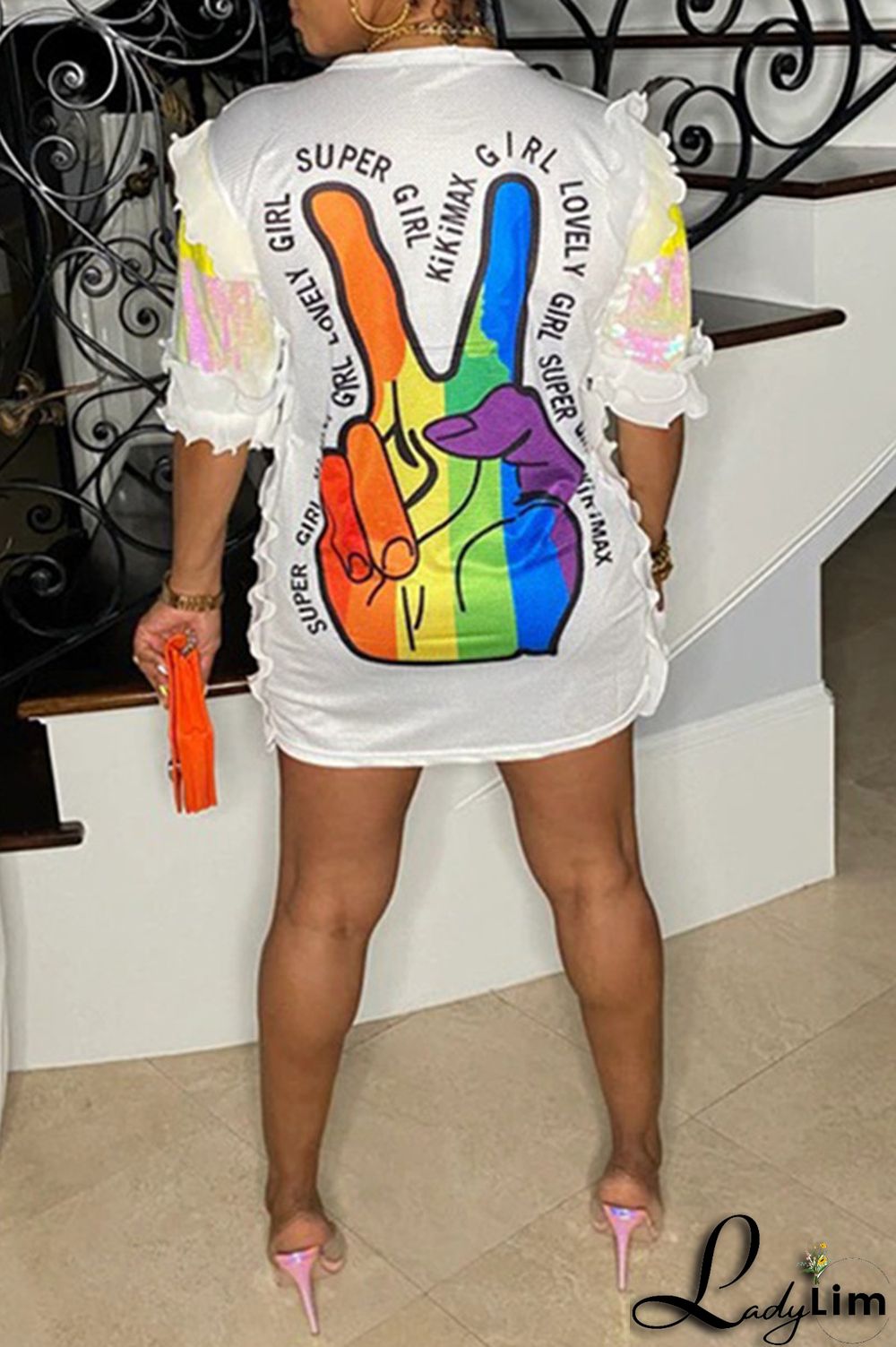 Black Fashion Casual Letter Print Sequins Patchwork O Neck Dresses