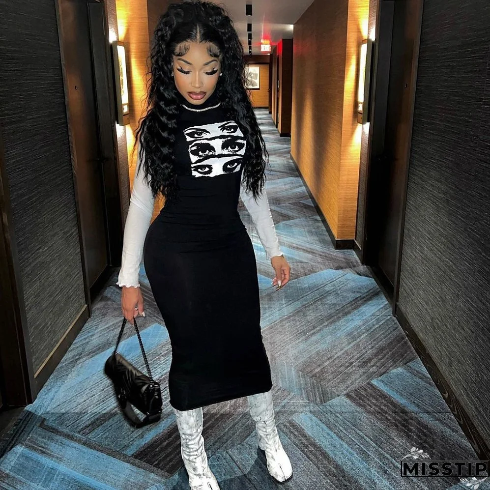 Women Sexy Long Sleeve Round Neck Print Dress