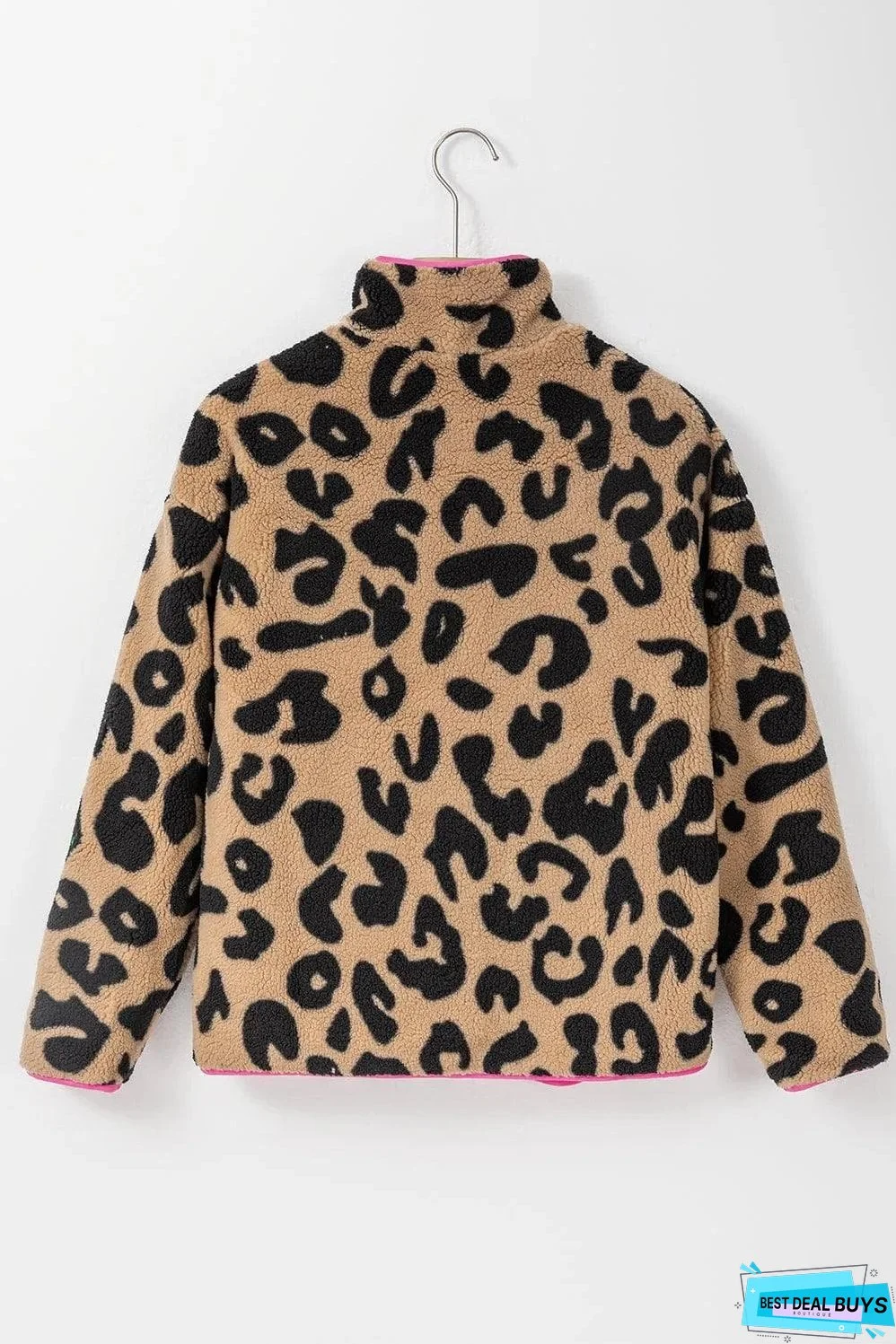 Leopard Colorblock Pocket Zipper Fuzzy Fleece Jacket